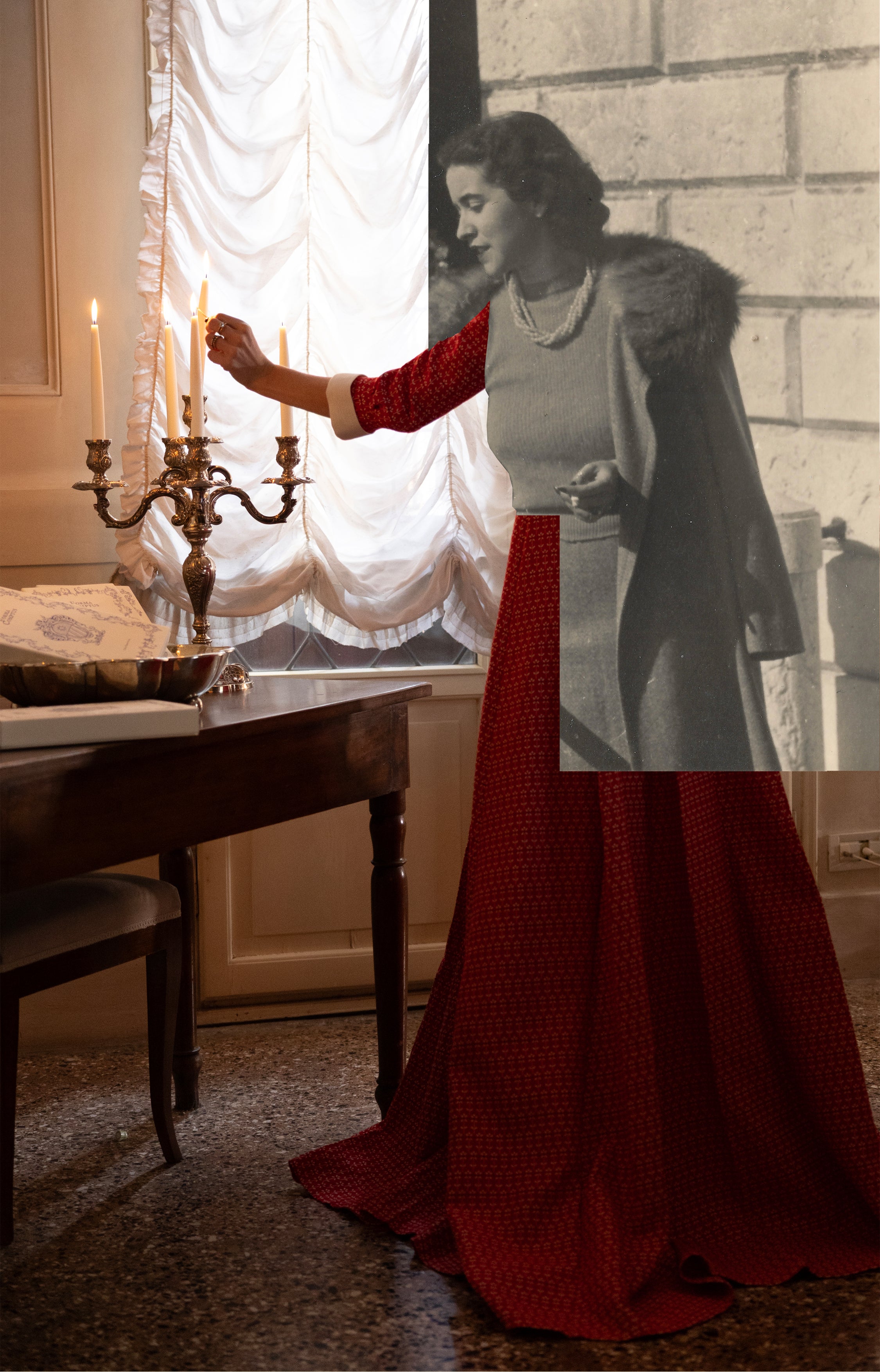Collage mixing up Woman in a red Gucci gown with vintage woman with fur collar in a room with candles and a window.