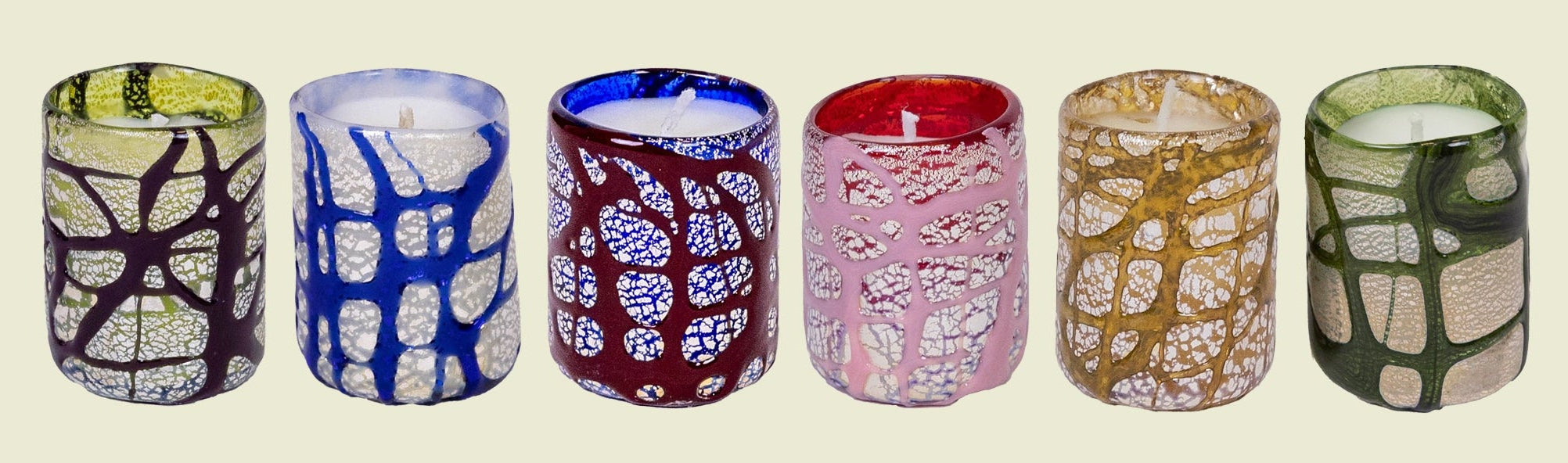 Set of six colorful placecards glasses as candles