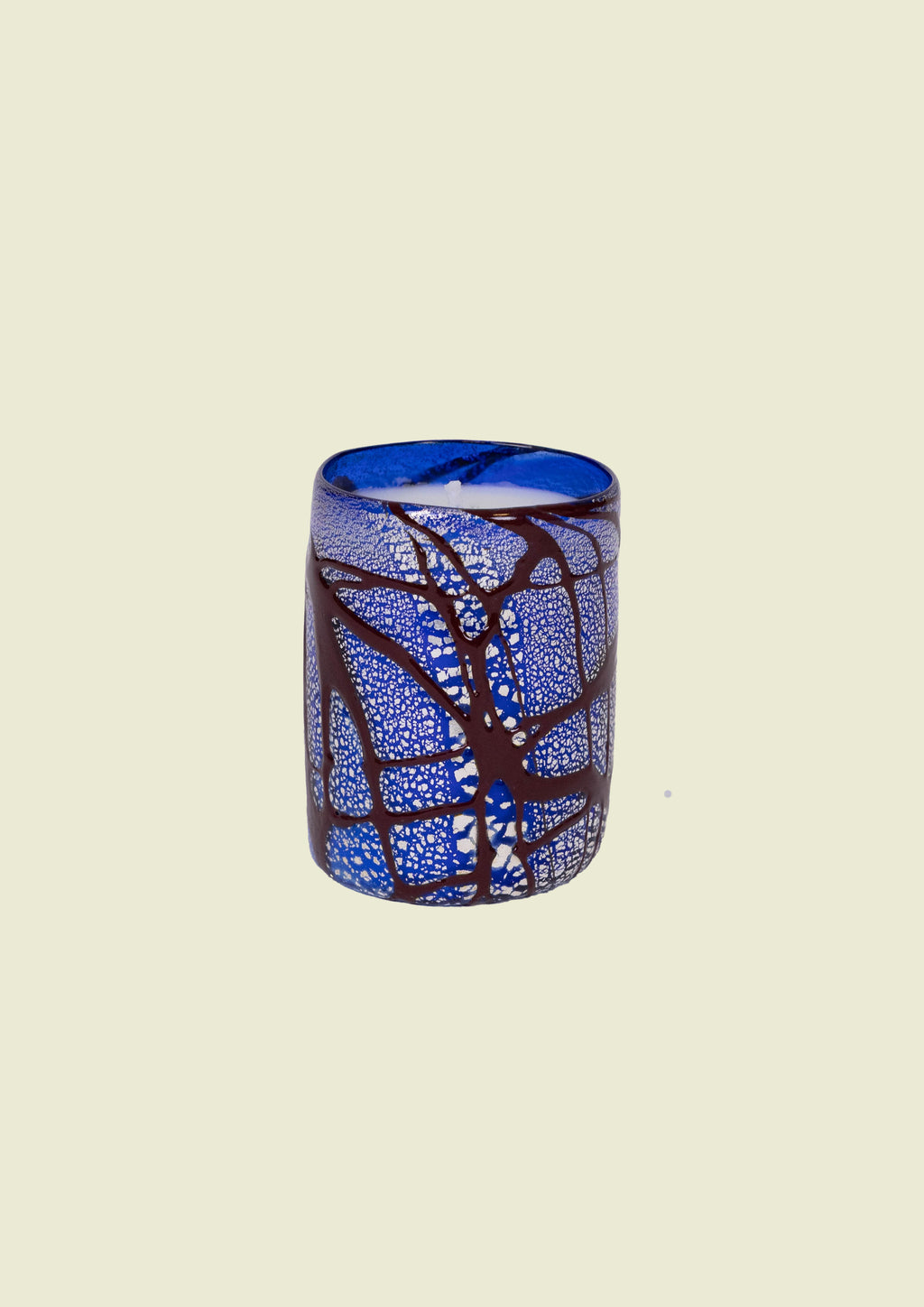 Decorative hand-blown glass candle with blue and bordeaux tones and pure silver leaf