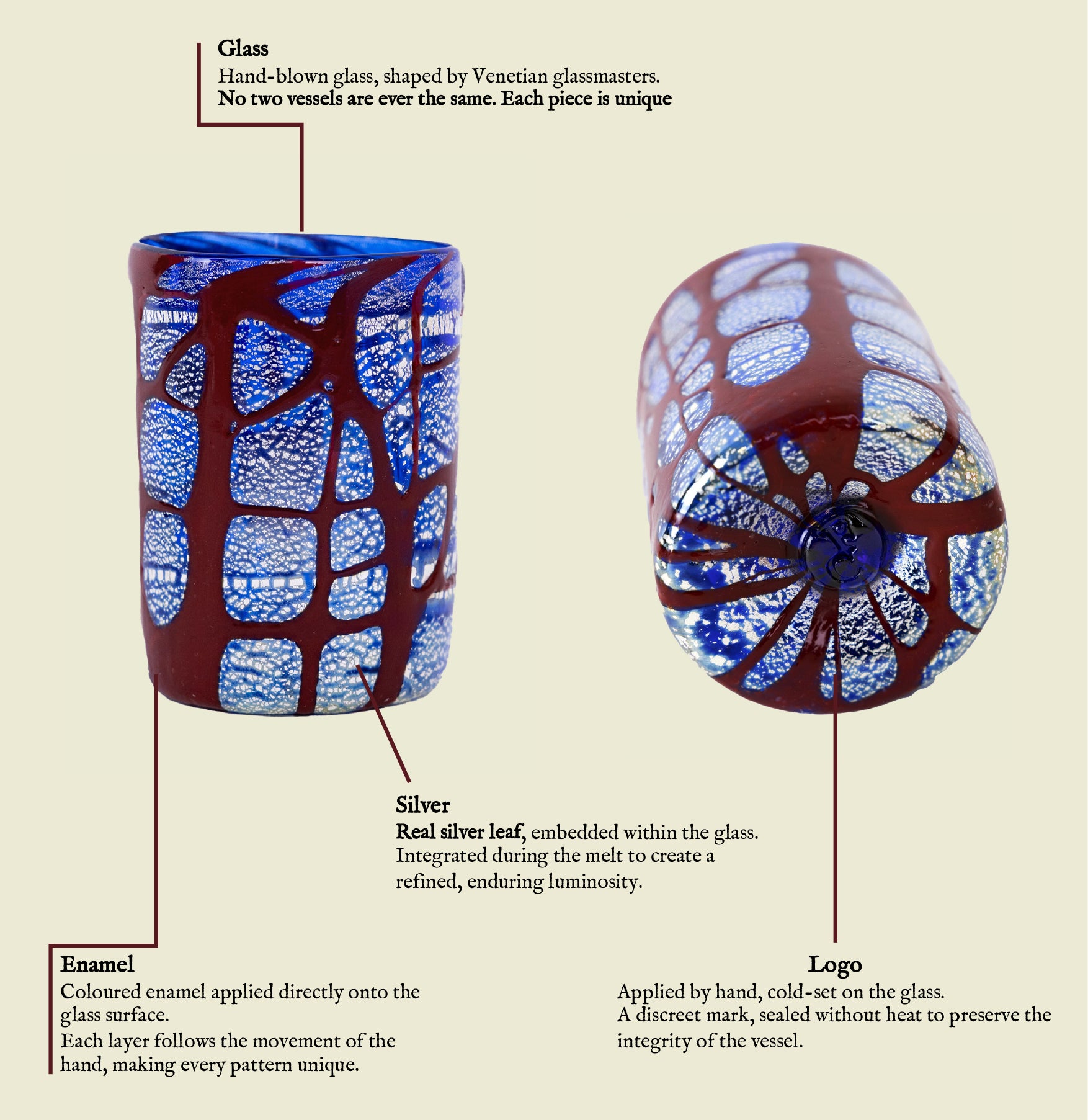 Two glass vessels with unique patterns, in blue and bordeaux tones and pure silver, hand-blown in Venice, with detailed explanation of each component