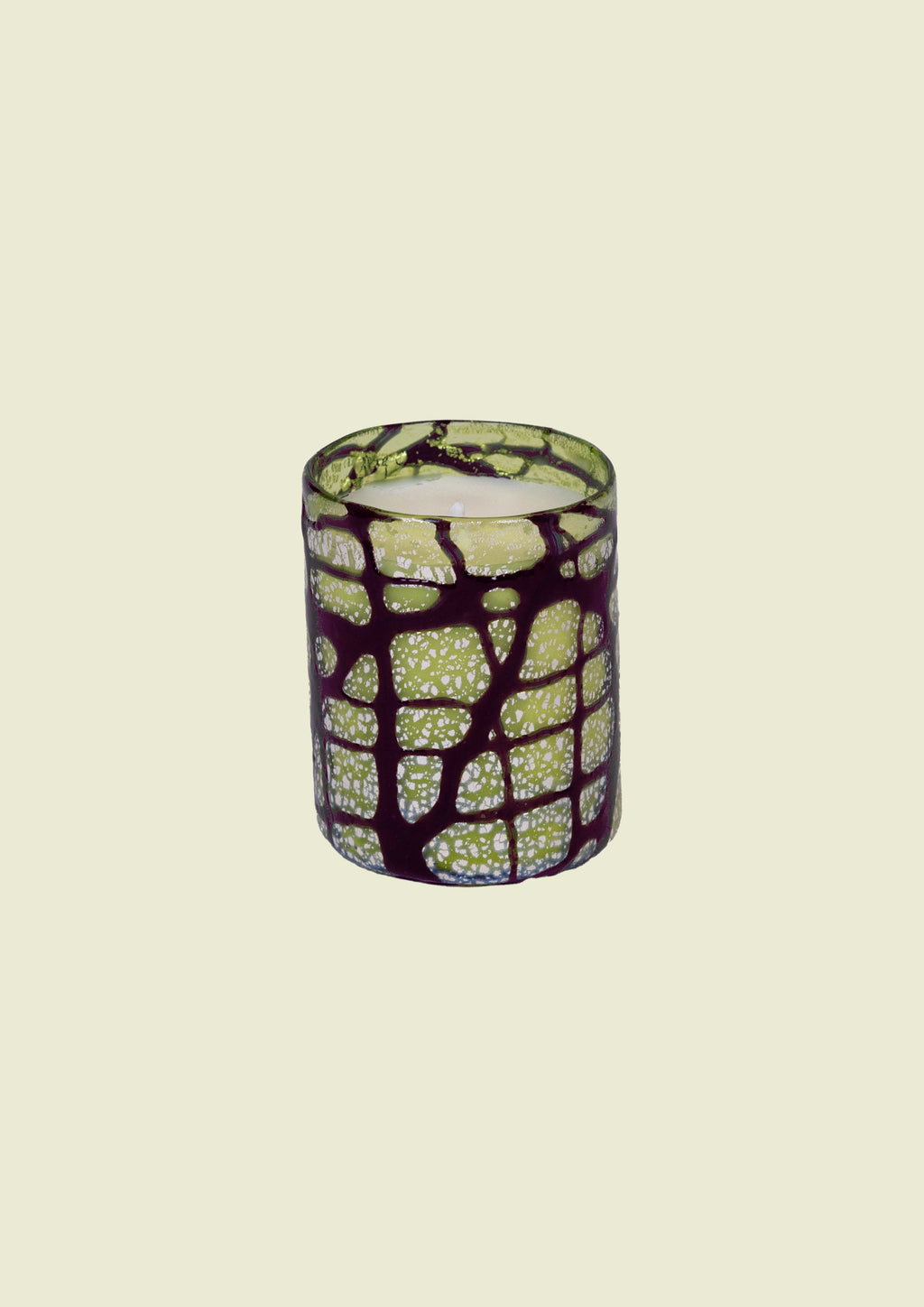 Handcrafted Venetian glass in green and deep purple tones with pure silver leaf, made in Venice.