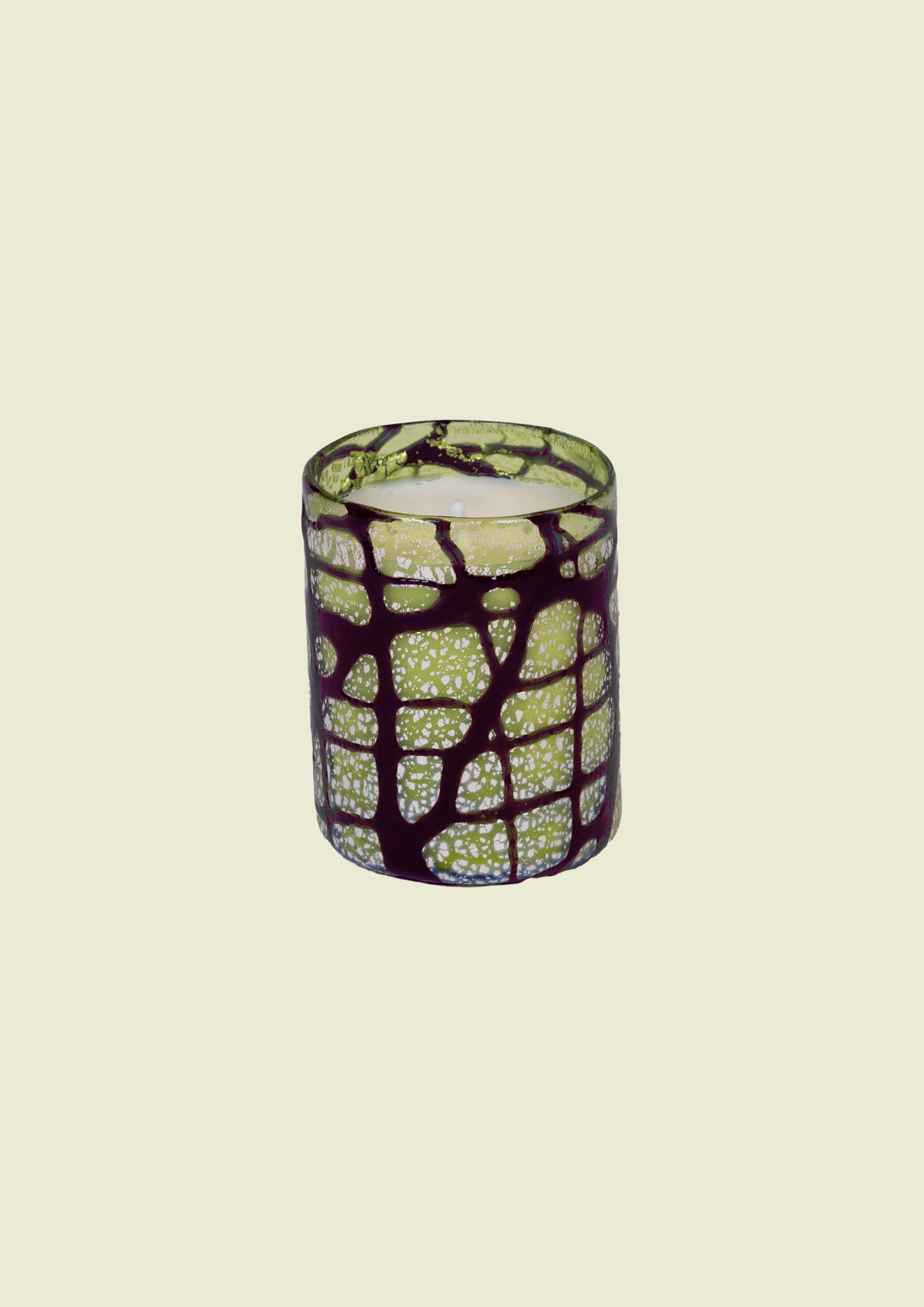 Handcrafted Venetian glass in green and deep purple tones with pure silver leaf, made in Venice.