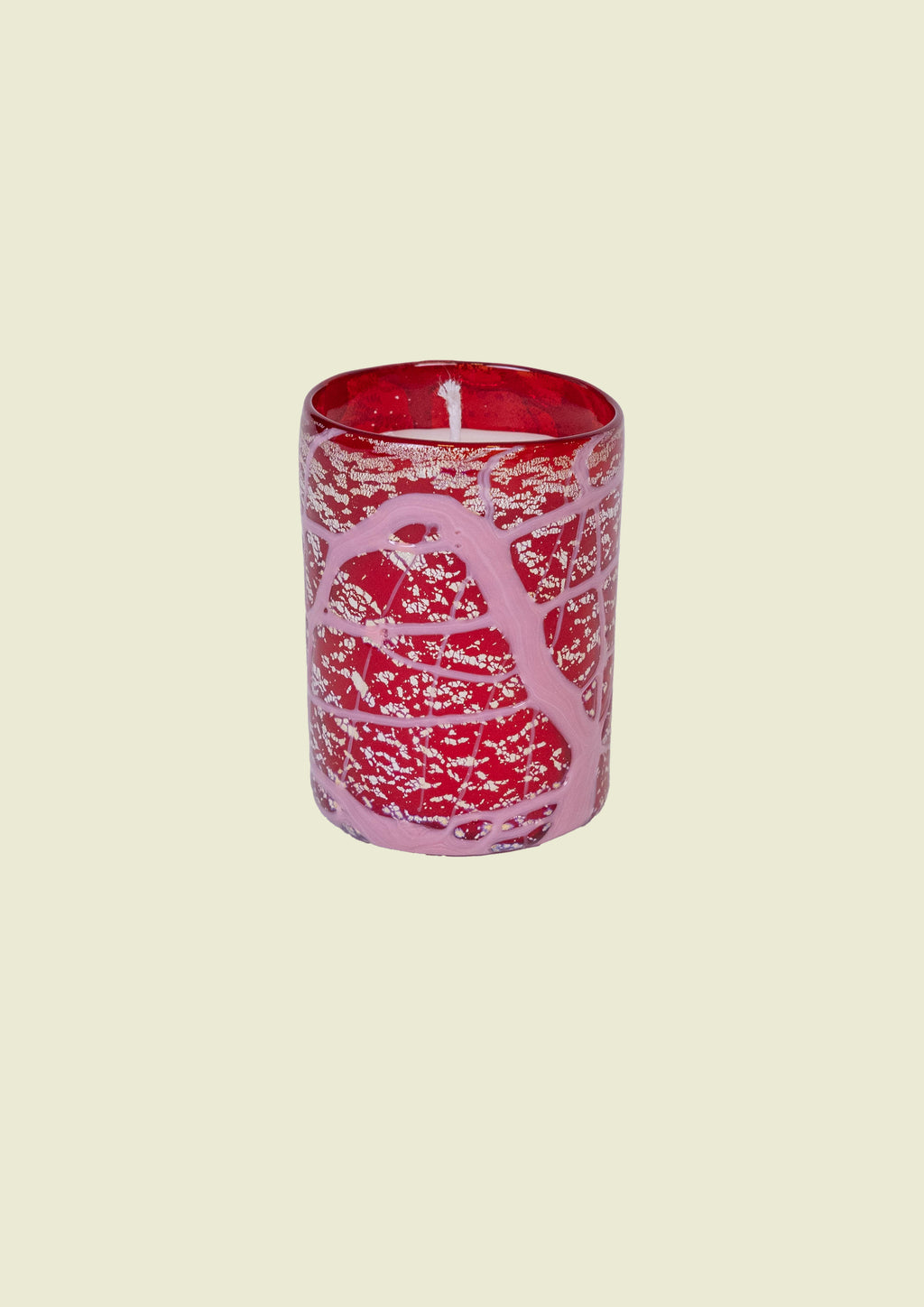 Handcrafted Venetian glass in red and pink tones with pure silver leaf, made in Venice.