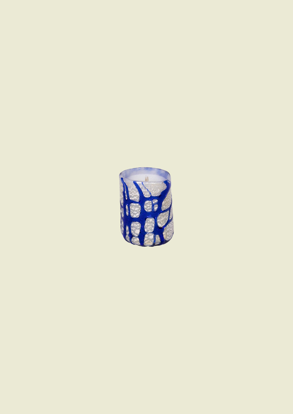 Hand-blown Venetian tiny glass place card candle in white and blue tones, inspired by water and light.