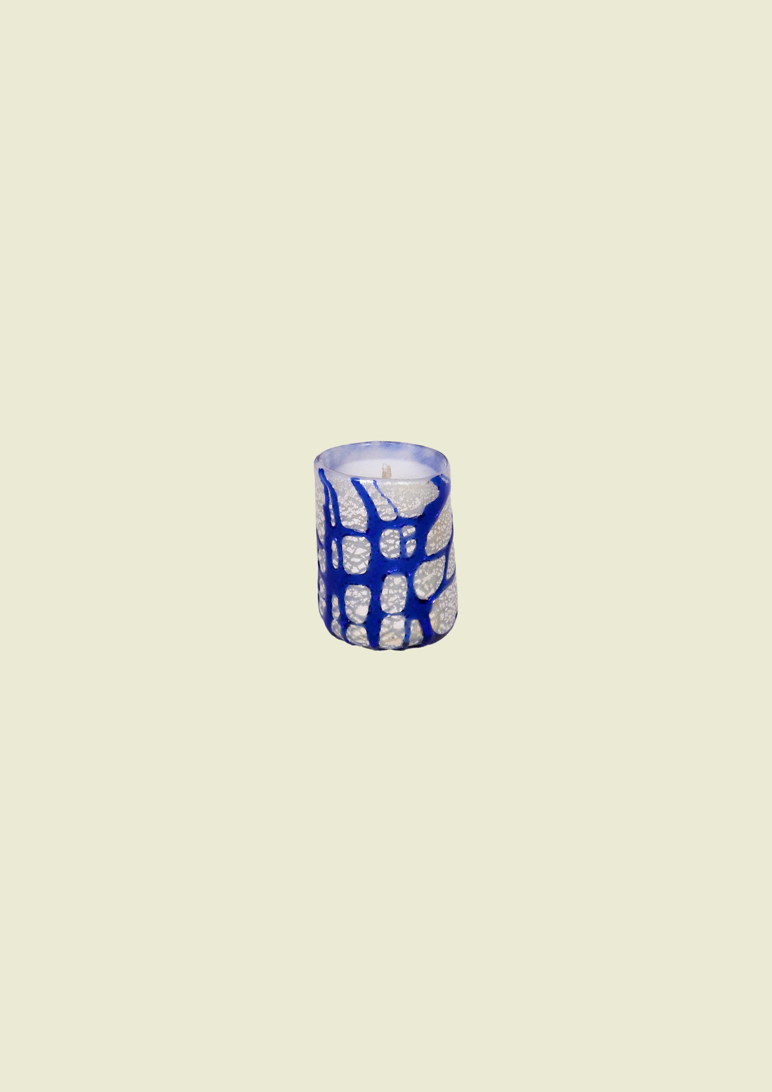 Hand-blown Venetian tiny glass place card candle in white and blue tones, inspired by water and light.