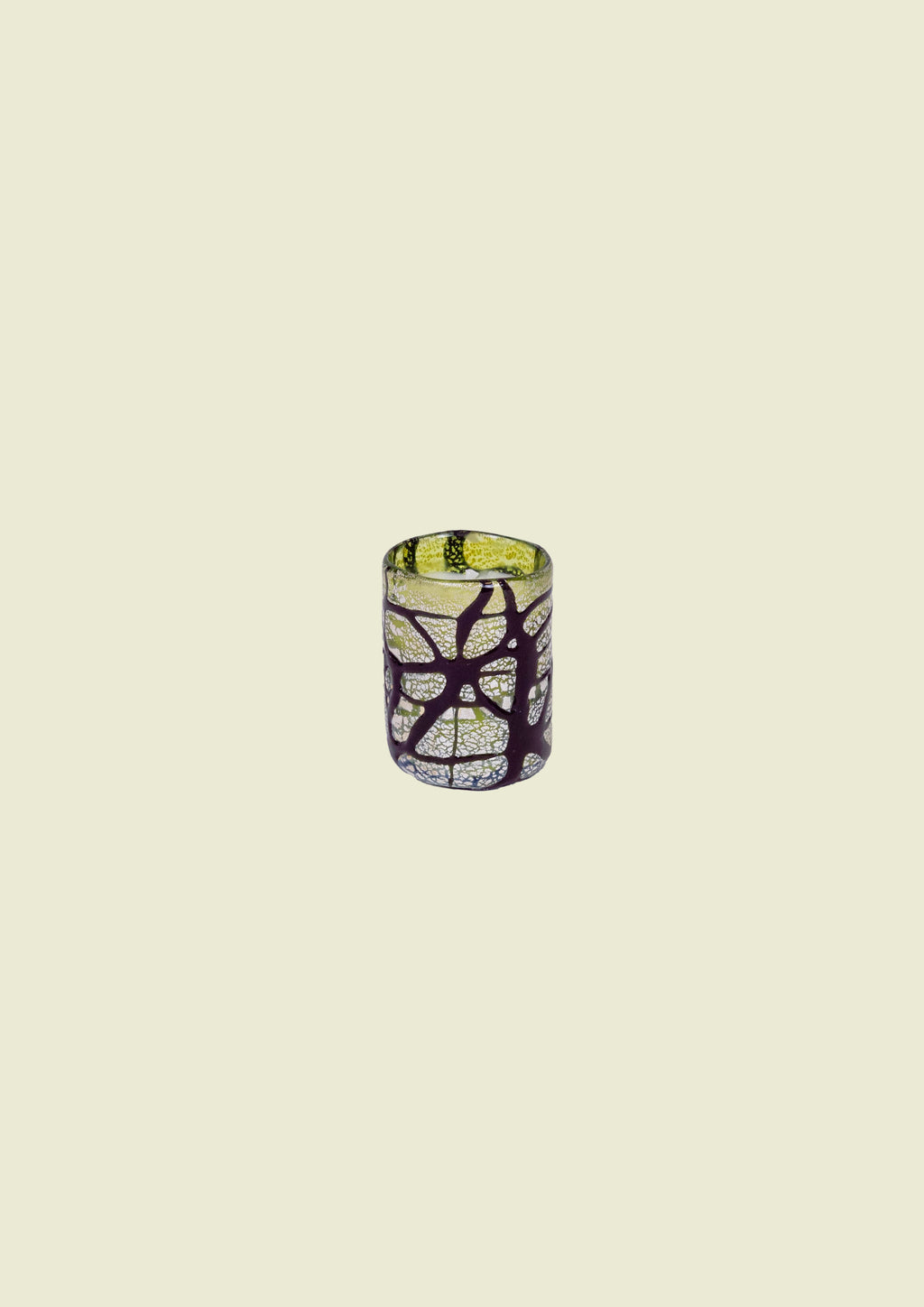 Hand-blown Venetian glass place card candle in green tones with deep purple smalto and silver leaf detail.