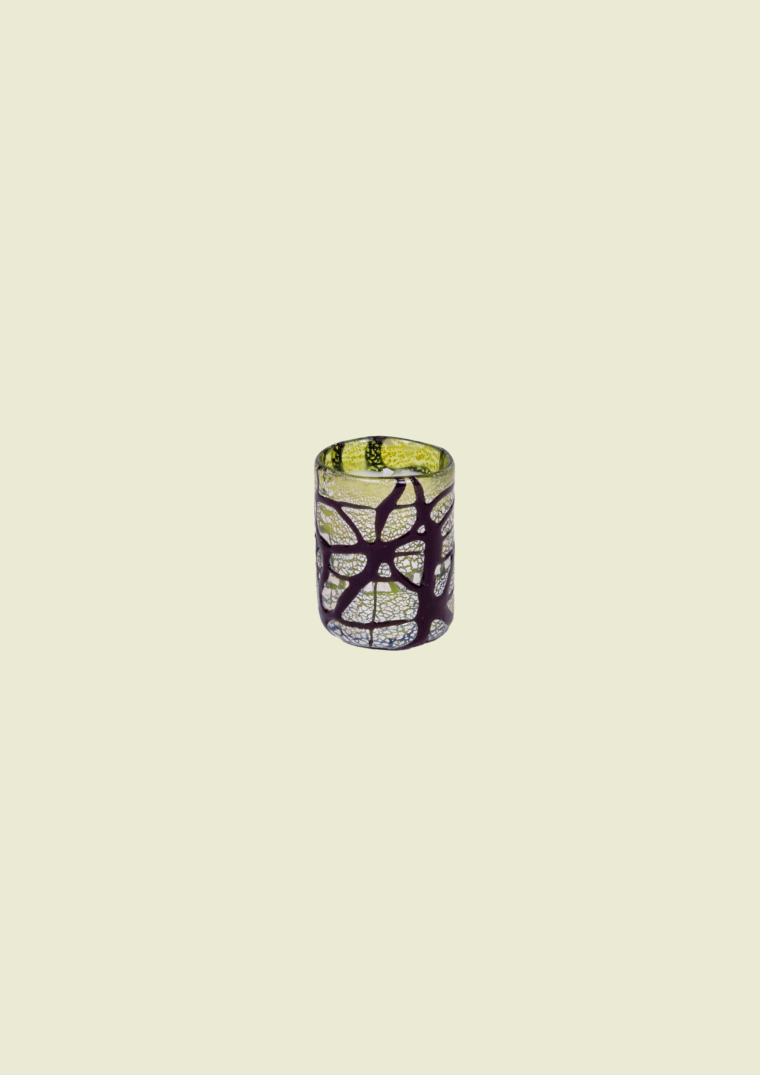 Hand-blown Venetian glass place card candle in green tones with deep purple smalto and silver leaf detail.