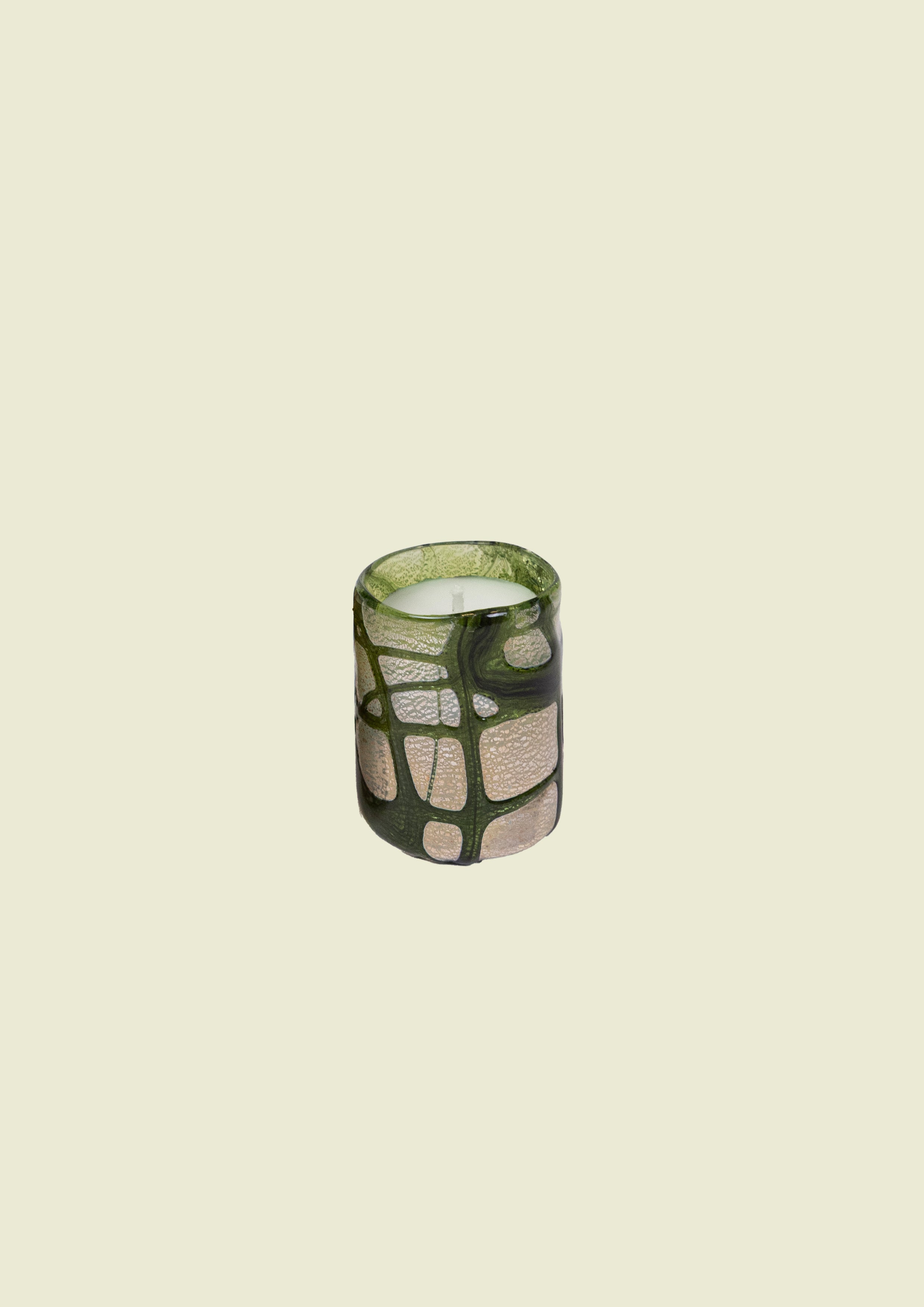 Hand-blown Venetian glass place card candle in shades of green with silver leaf detail, handcrafted in Venice.