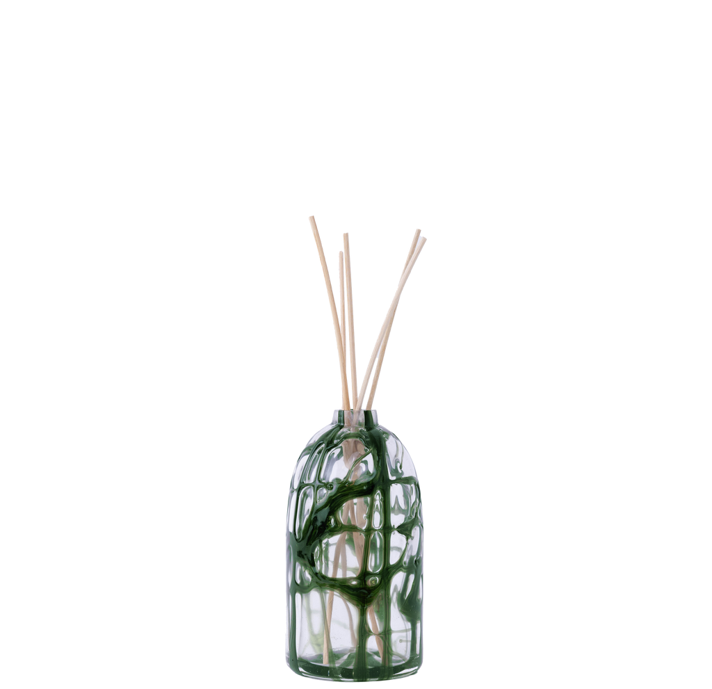 Rosmarinum 300 ml reed diffuser in clear hand-blown glass with green smalto, made in Venice