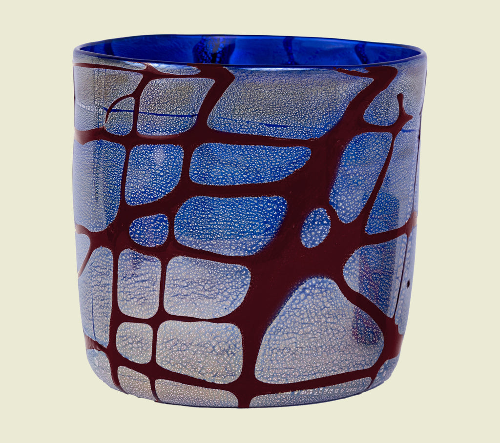 Large hand-blown Venetian glass vase candle in blue and bordeaux tones with real silver leaf, handcrafted in Venice.