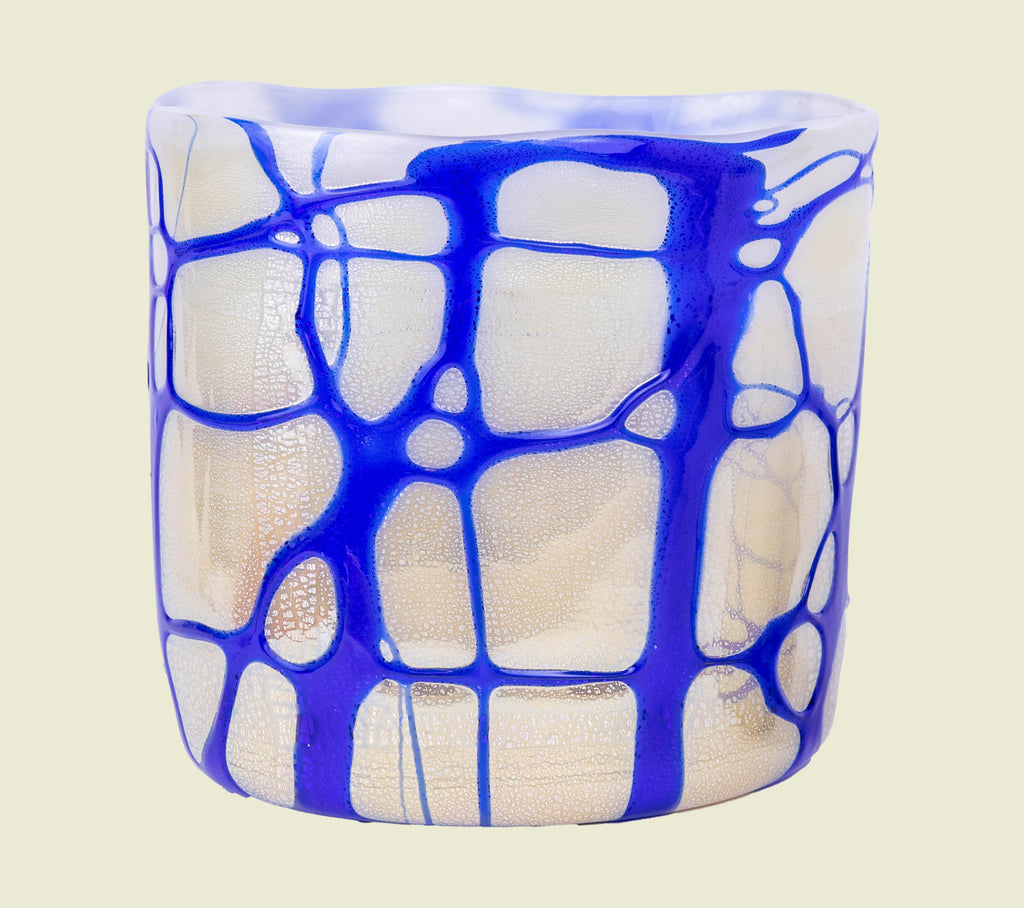 Large hand-blown Venetian glass vase in white and blue tones with silver leaf, crafted in Venice.