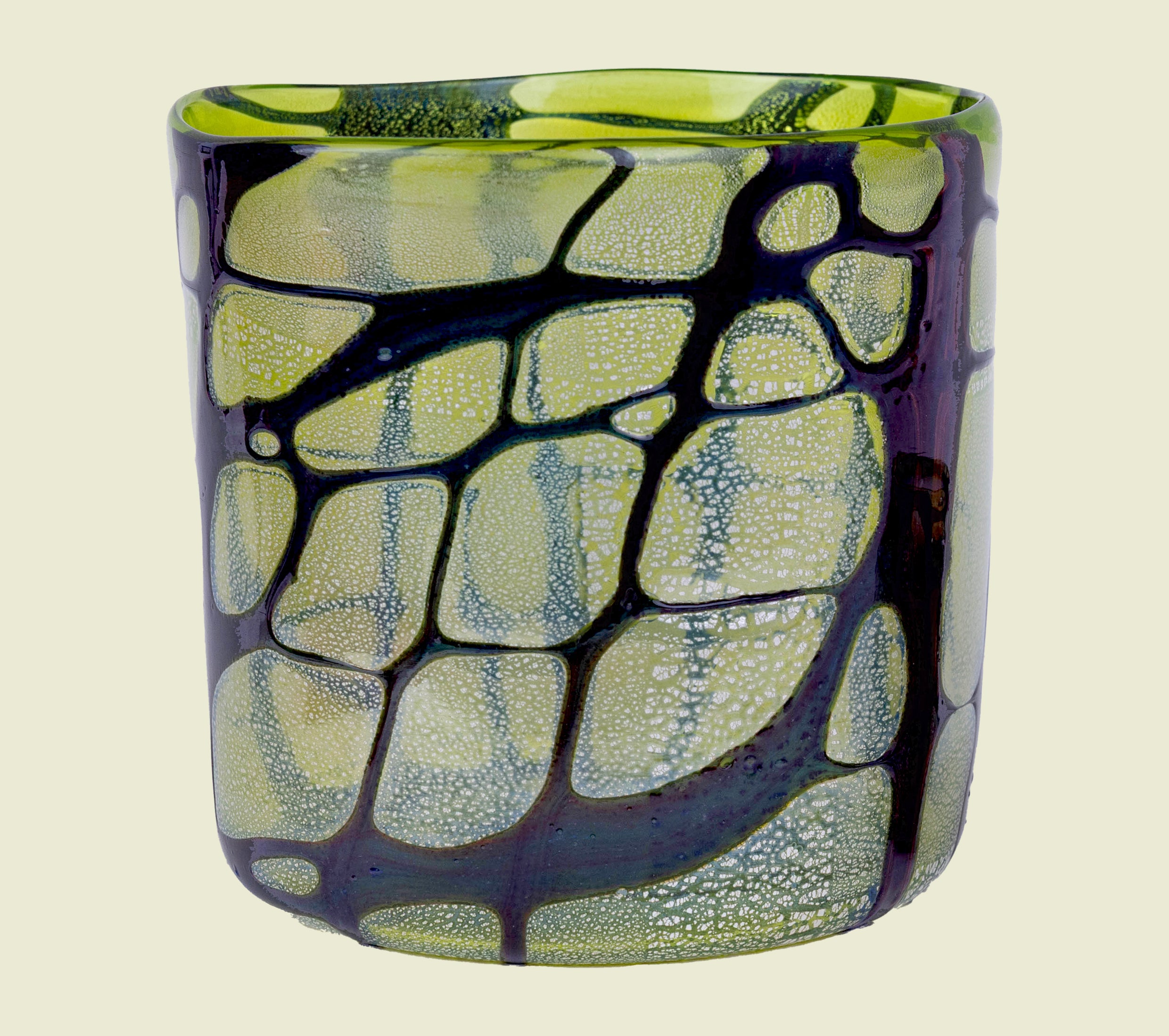 Large hand-blown Venetian glass vase in green and purple tones with real silver leaf, crafted in Venice.