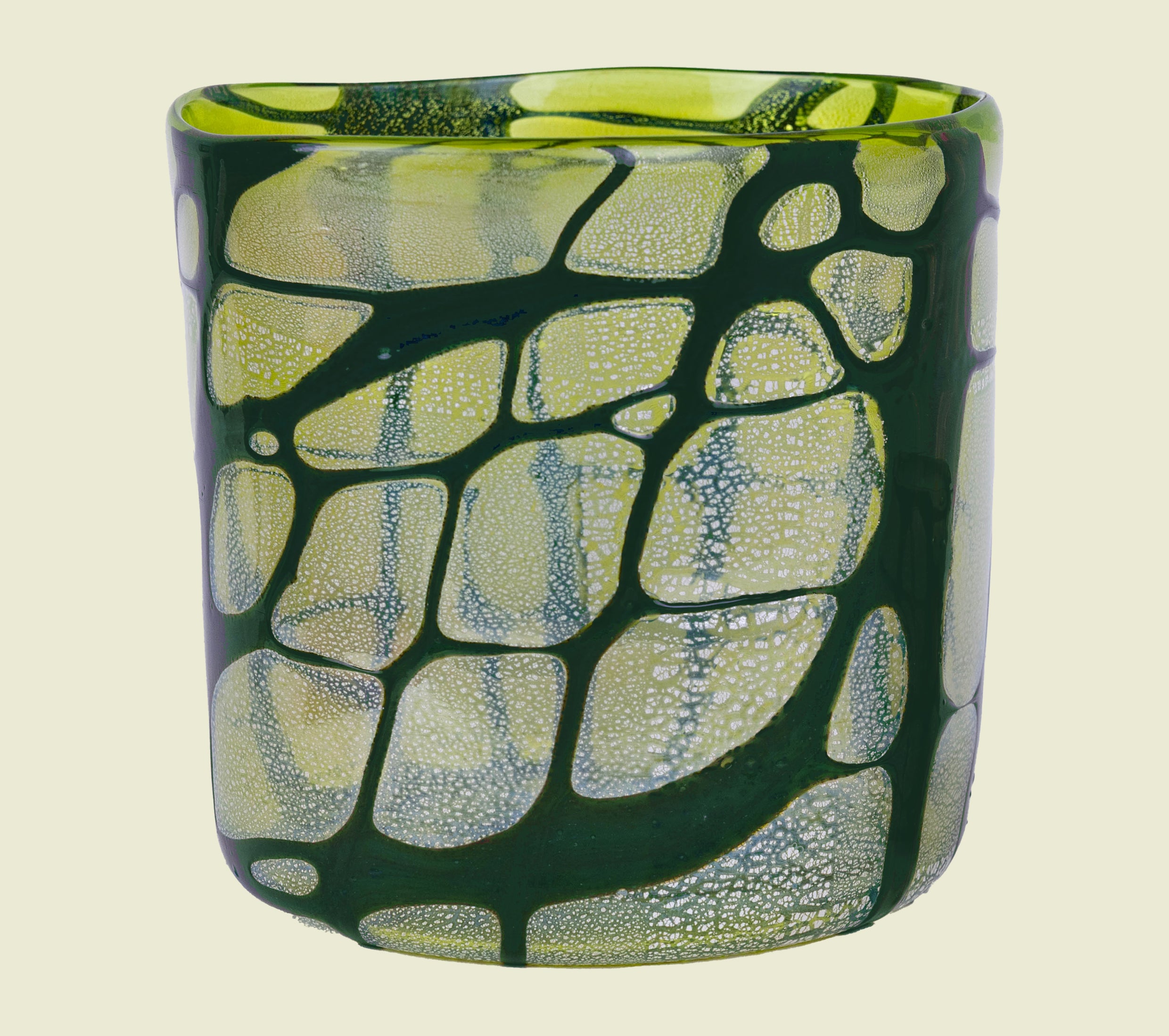 Large hand-blown glass vase in layered green tones, handcrafted in Venice with silver leaf.