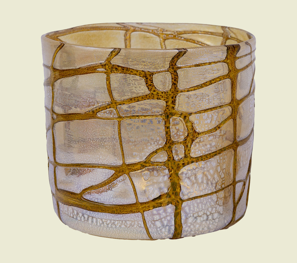 Large hand-blown glass vase in warm amber tones with silver leaf, handcrafted by Venetian glassmasters.